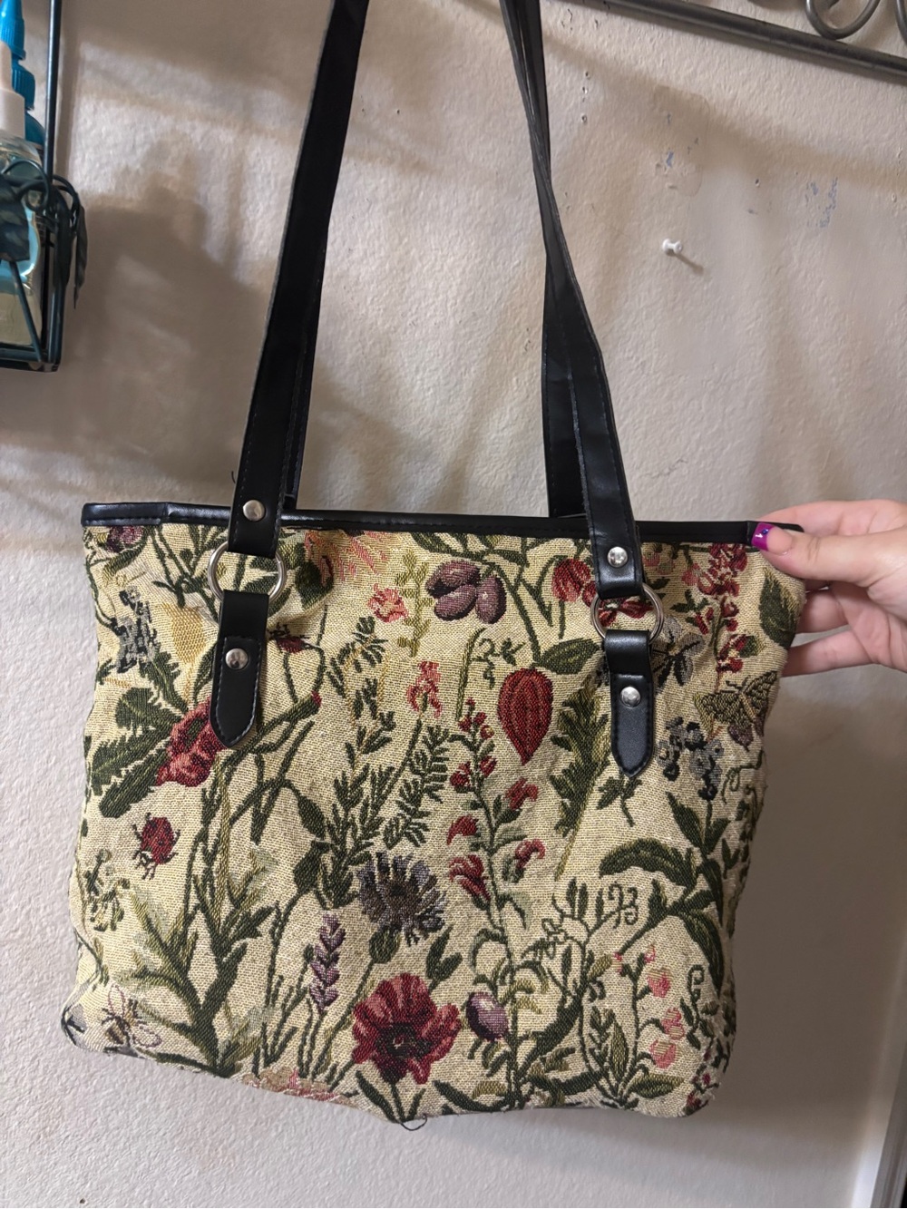 Floral Tapestry Tote Bag with Black Straps
